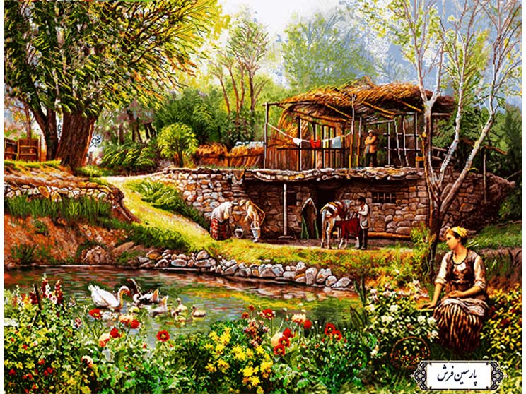 نخ و نقشه تابلو فرش منظره خیال انگیز روستا - کد NV835