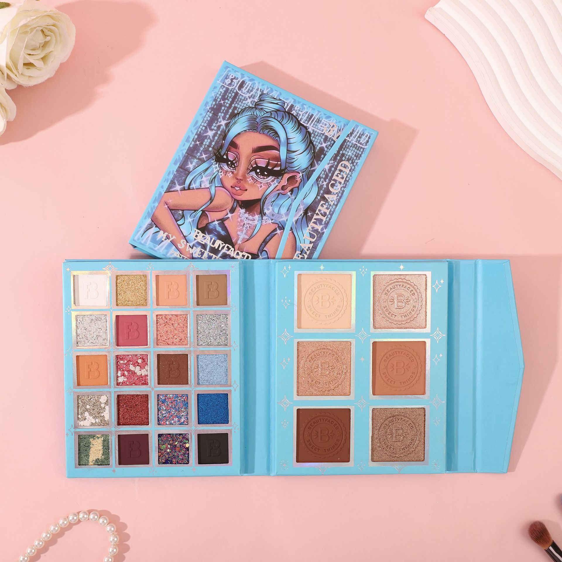 پالت آرایشی بیوتی فیسد 26 رنگ مدل آبی BEAUTYFACED 26 Color Face – Eye Palette