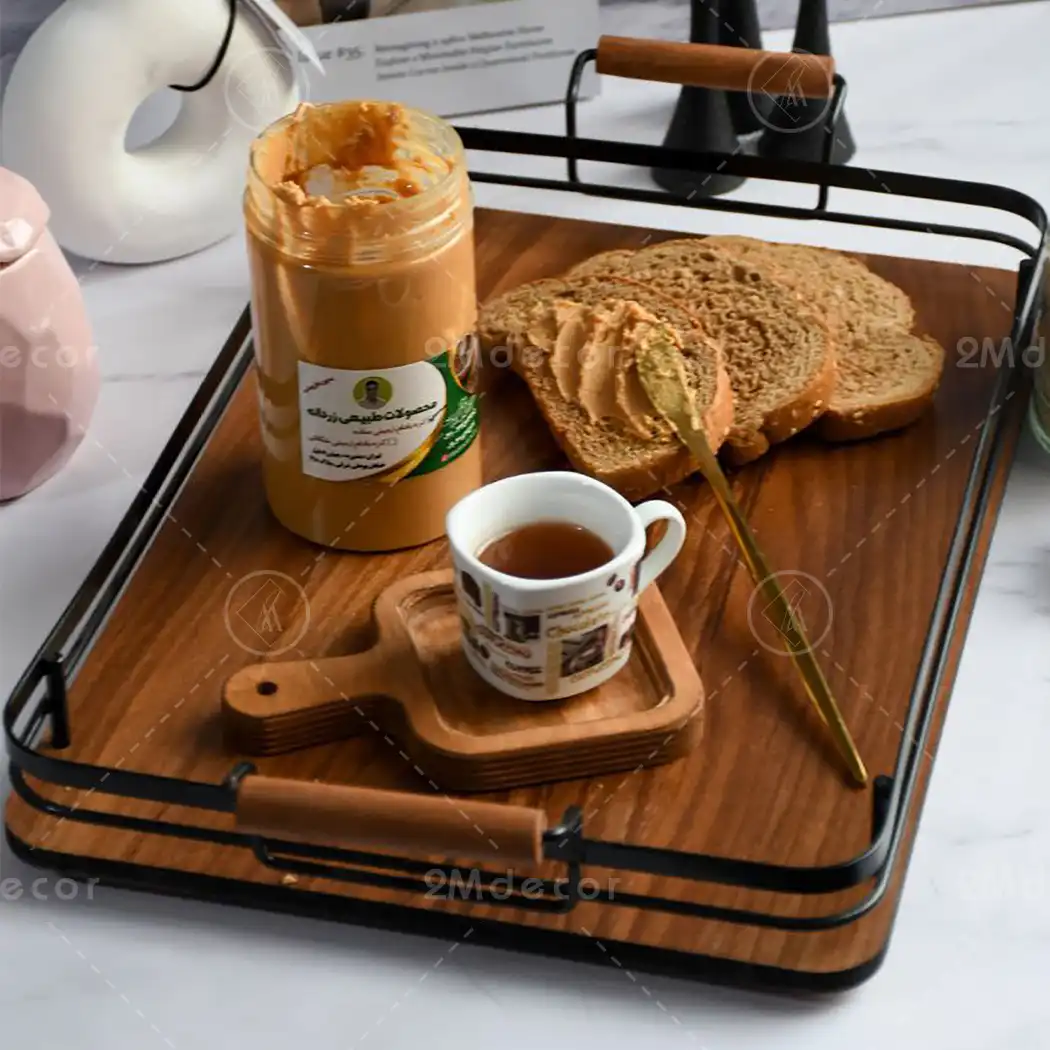 سینی چوبی دسته‌ فلزی