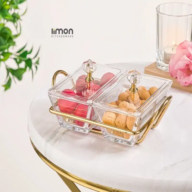 اردو خوری شیشه ای مستطیل 2 خانه لیمون کد 210300 - طلایی