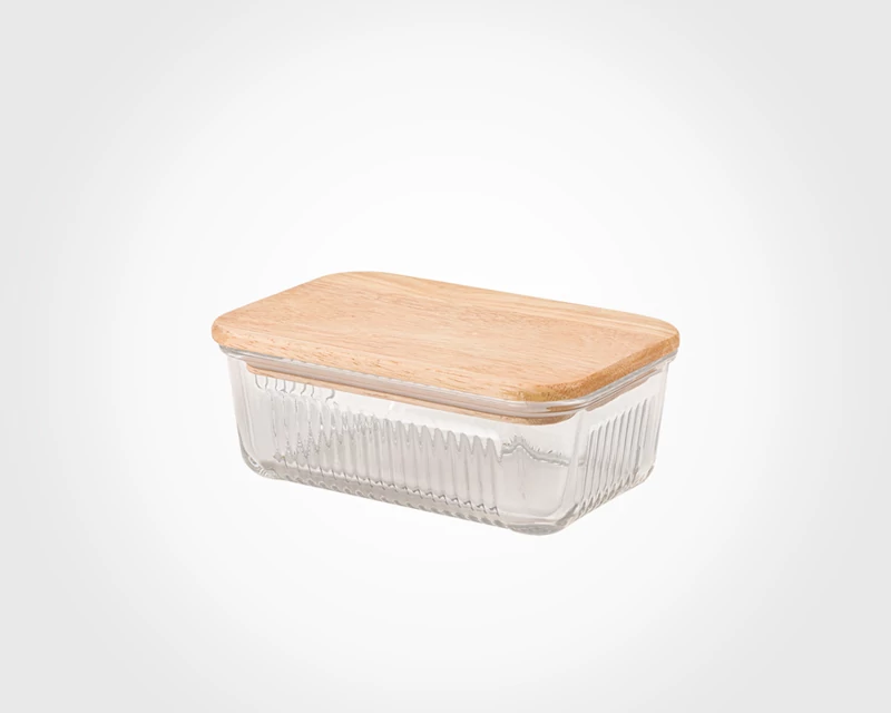 ظرف شیشه ای شیاردار 450 میلی لیتر درب چوبی لیمون کد 219059