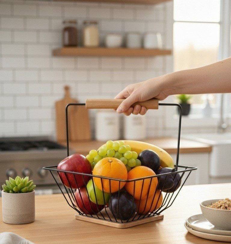 سبد فلزی مربع مشکی دسته چوبی