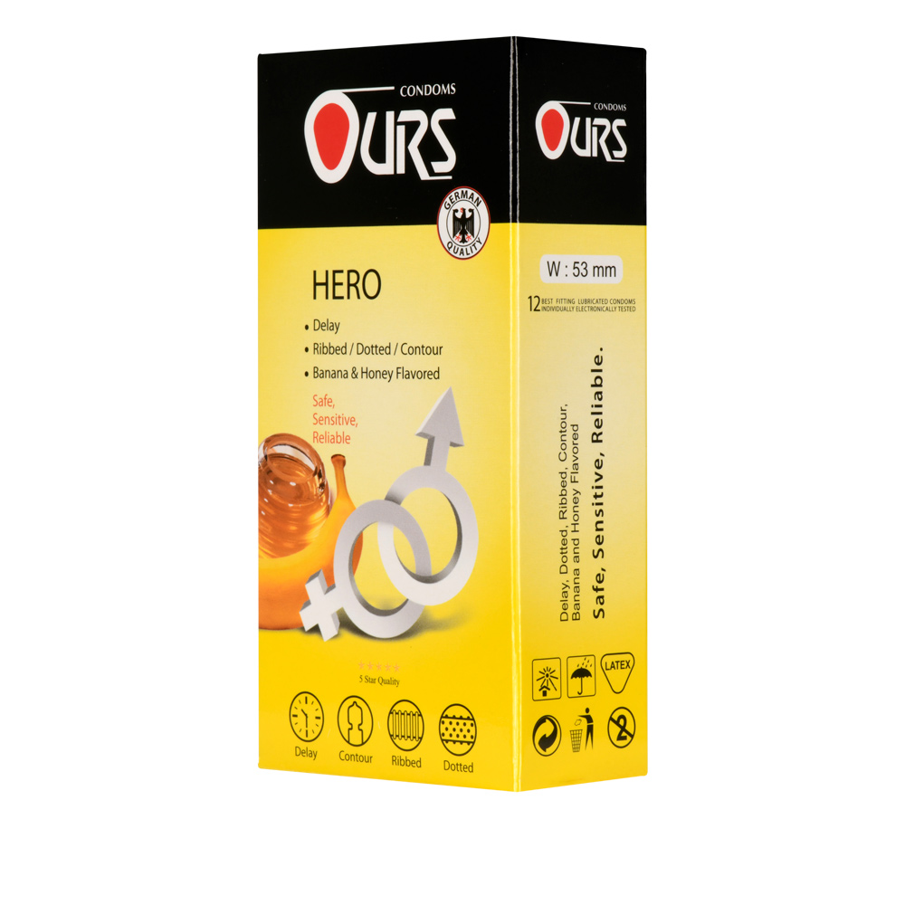کاندوم تاخیری و خاردار و میوه ای اورز مدل Hero بسته 12 عددی