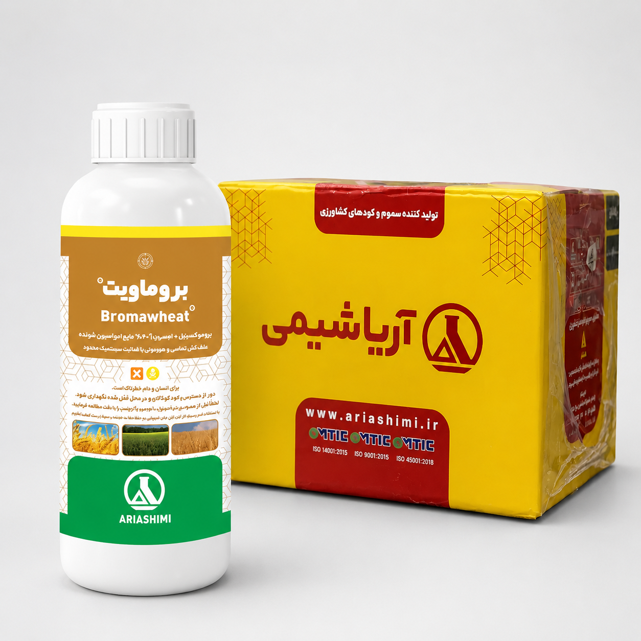 علف کش بروماویت (بروموکسینیل + ام‌سی‌پی‌آ) ۴۰٪ EC آریاشیمی – بطری ۱ لیتری (فروش عمده – کارتن ۱۲ عددی)