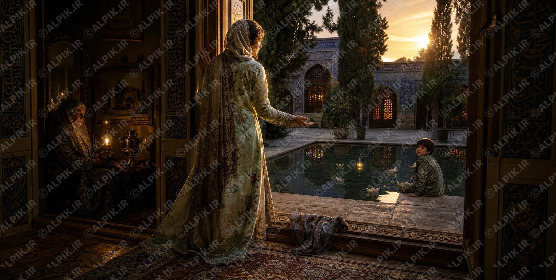 عکس مفهومی خانه سنتی ایرانی و حوض آب در غروب