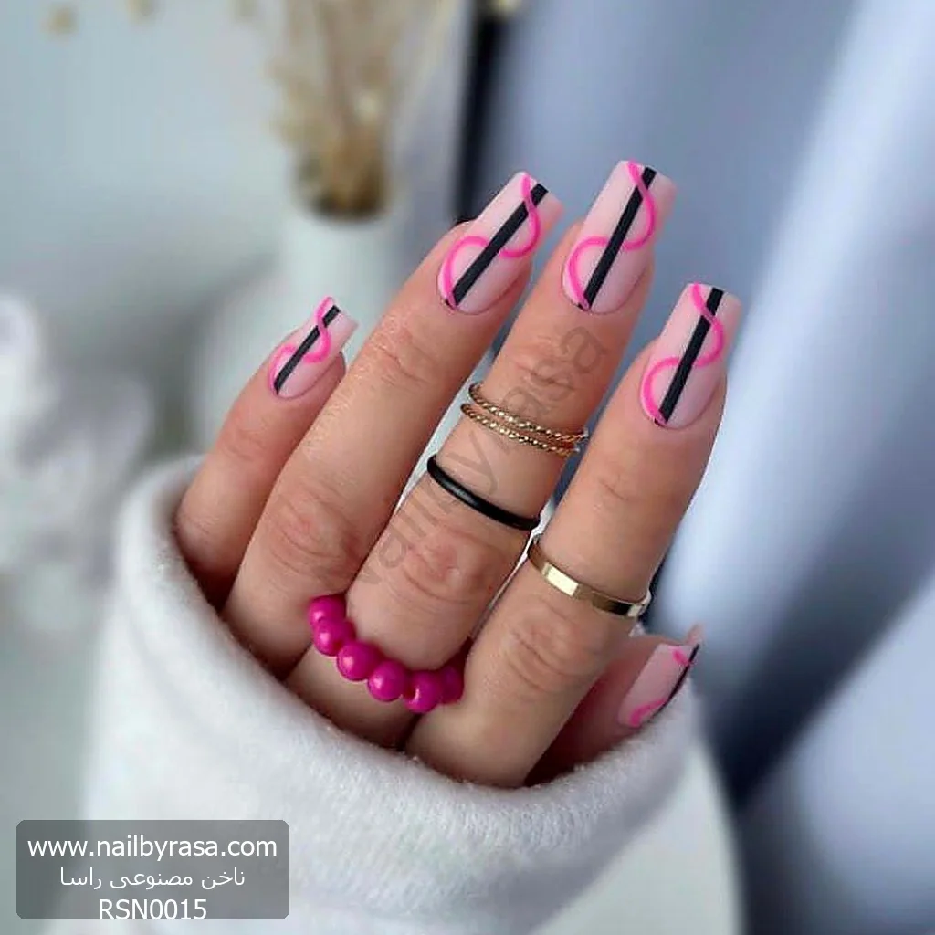 ناخن مصنوعی طرح خطی انتزاعی و موج نئون صورتی مات مربعی بلند راسا - RSN0015
