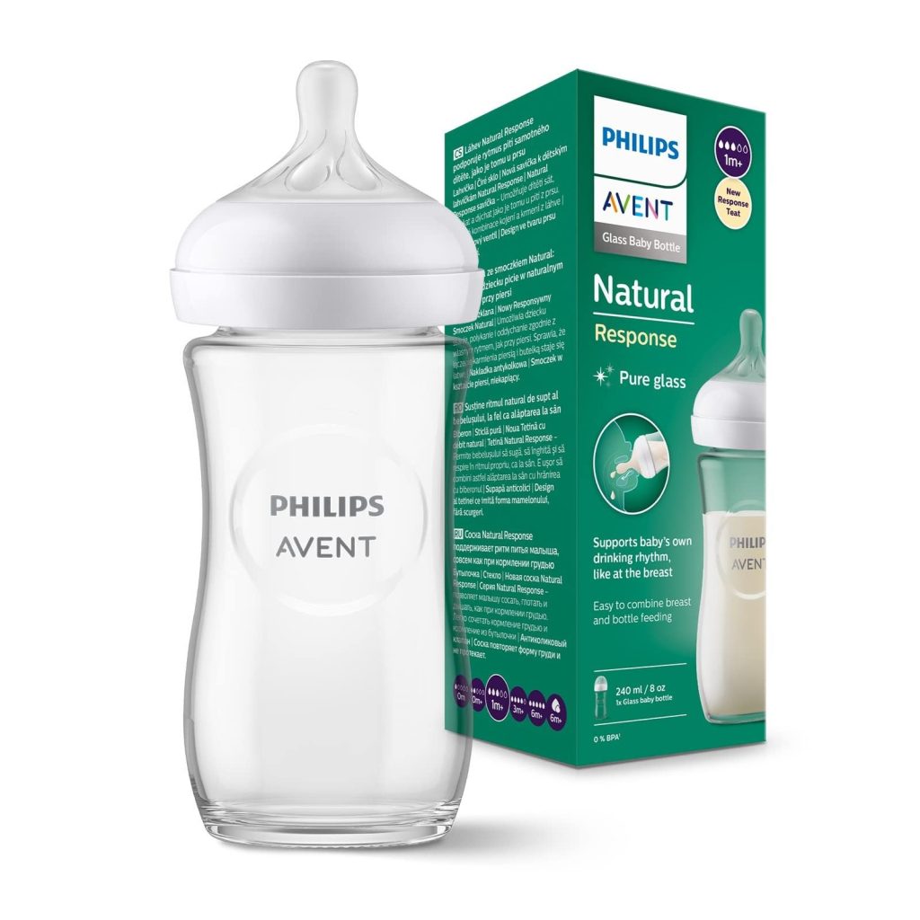 شیشه شیر پیرکس اونت ۲۴۰ میل مدل ریسپانس با سرشیشه ۳ قطره | +1 ماه | Philips Avent Natural Glass