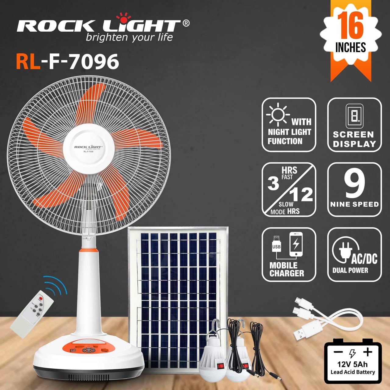 پنکه شارژی ROCK LIGHT مدلRL-7096