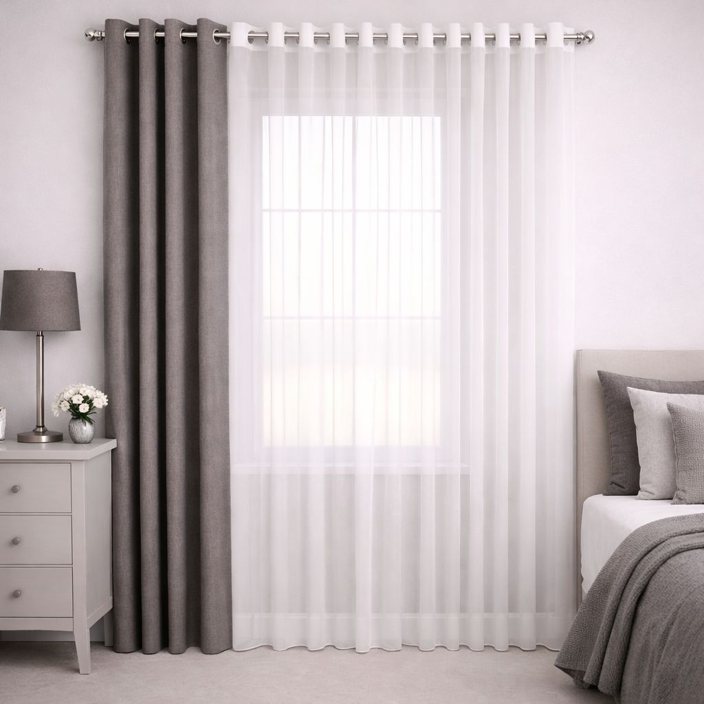 پرده آماده پانچی 1.5 متری حریر ساده با کناره کتان طوسی دودی (kr-832) کد P061