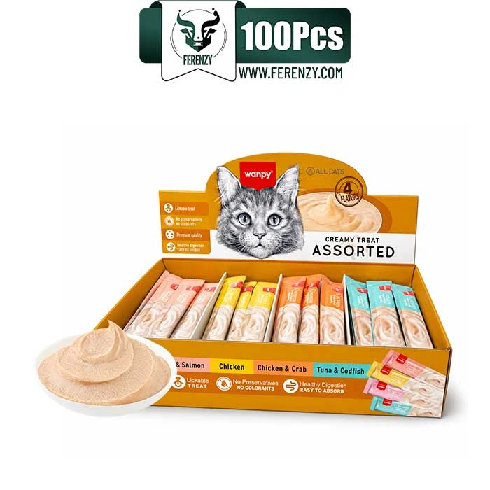 بستنی گربه ونپی 4 طعم مختلف 100 عددی مدل میکس وزن 1/400 کیلوگرم Wanpy Creamy Treat