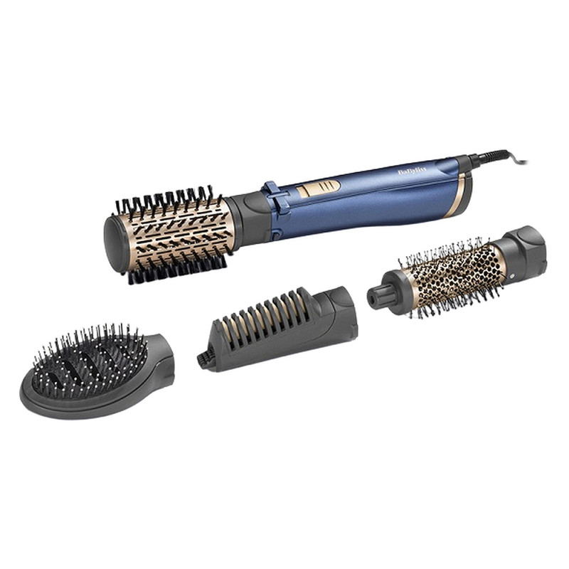 سشوار برس‌دار چرخشی 1000 وات بابیلیس مدل Style pro 1000، موتور DC، وزن 280 گرم، المنت سرامیک، دارای سری متمرکز‌کننده باریک با ویژگی صاف‌کنندگی، فرکنندگی، با قابلیت باد سرد، فناوری تولید یون - آبی