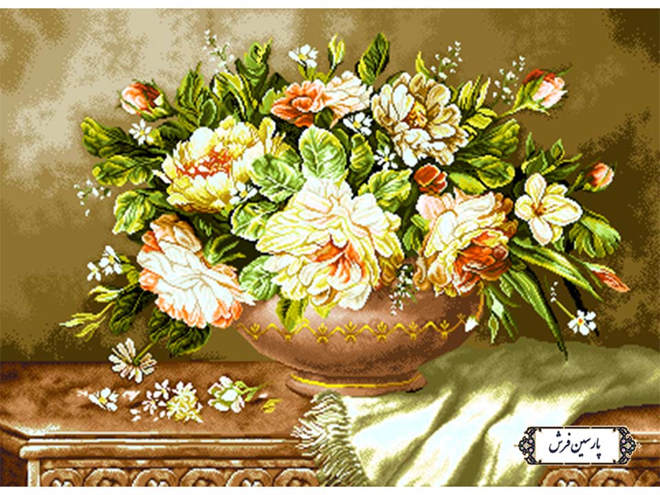 نخ و نقشه تابلو فرش گلدان زیبای روی میز - کد NG1541