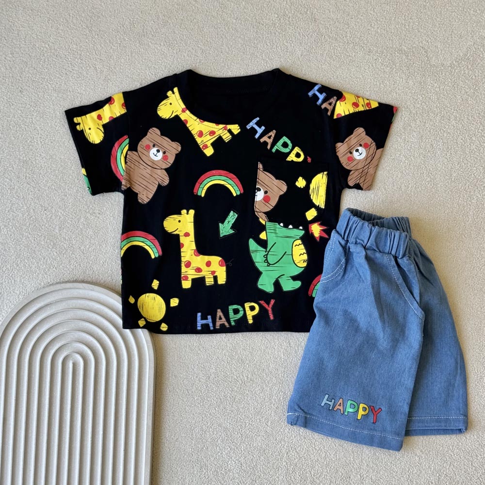 ست تیشرت و شلوارک بچگانه طرح Happy وارداتی | مناسب ۱ تا ۵ سال