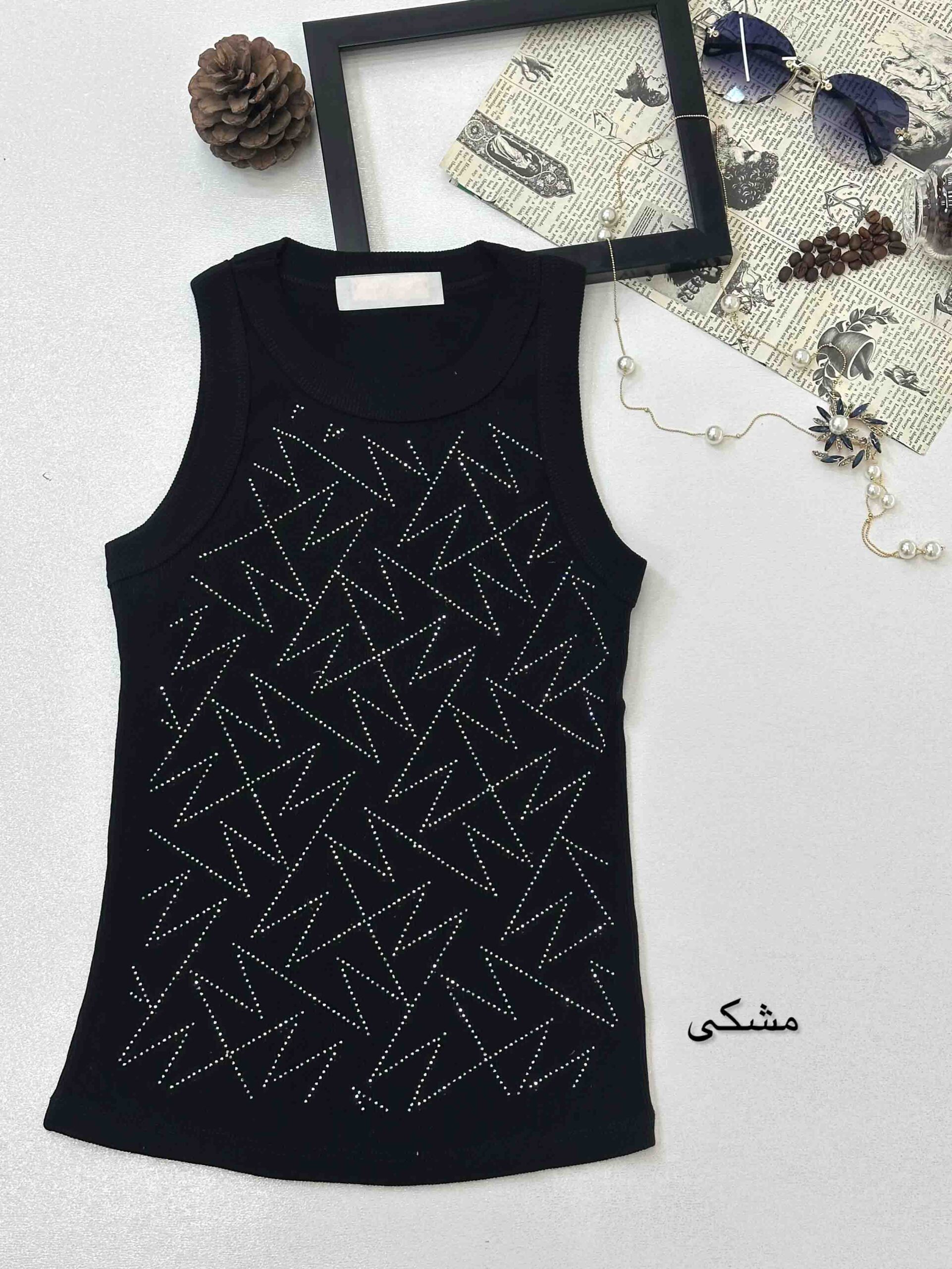 تاپ نواری  پهن نگین خط خطی-11755 - مشکی