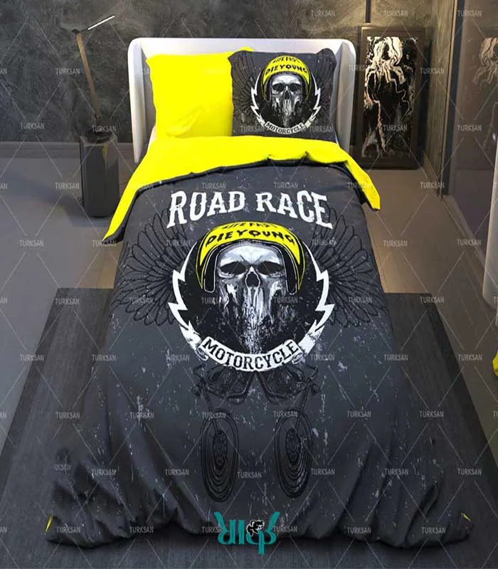 روتختی مشکی زرد یک نفره طرح road race کد d260