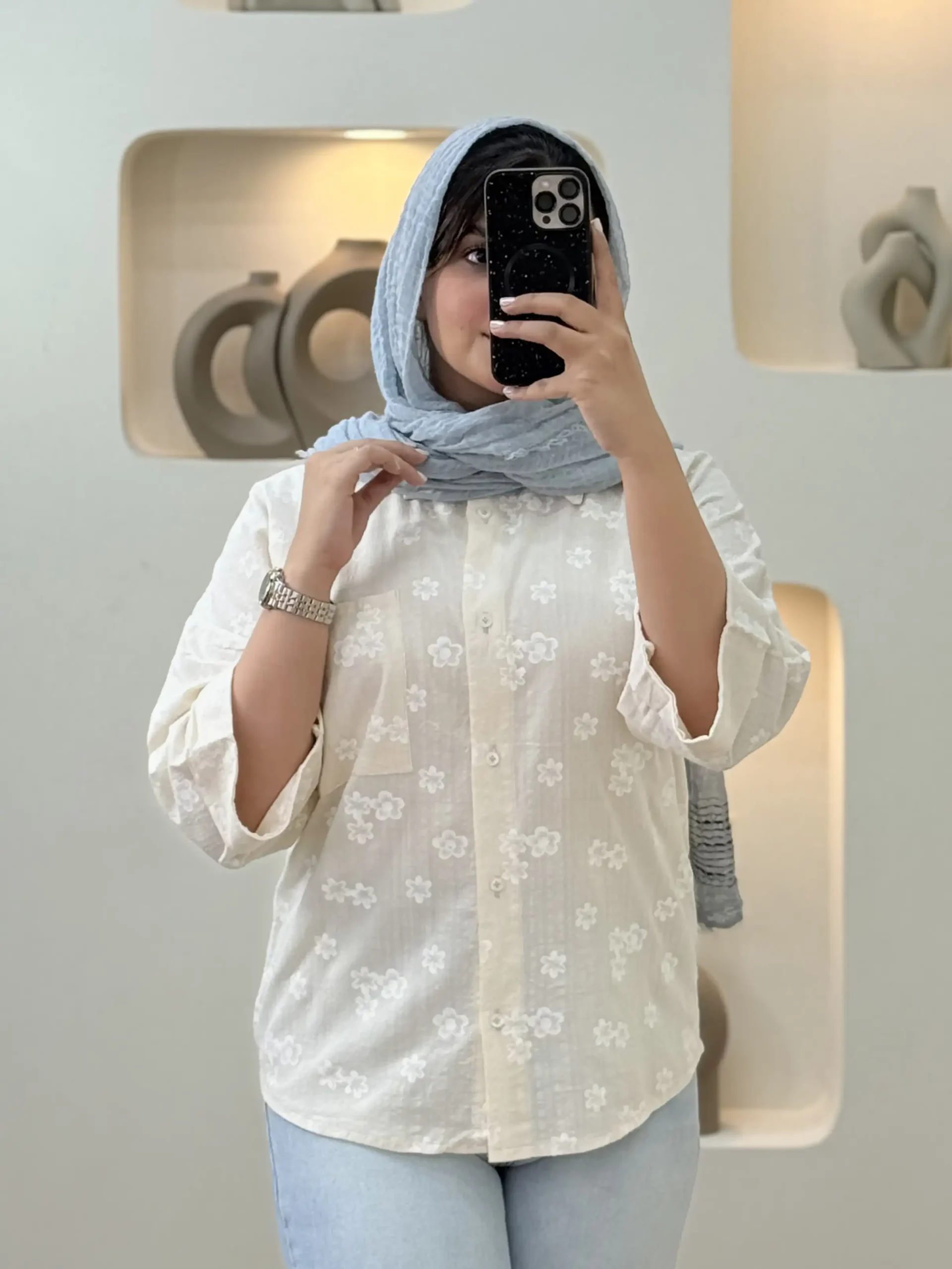 شومیز گل گچی تک جیب - کرمی