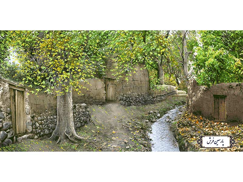 نخ و نقشه تابلو فرش دستباف منظره کوچه باغ  - کد NV815
