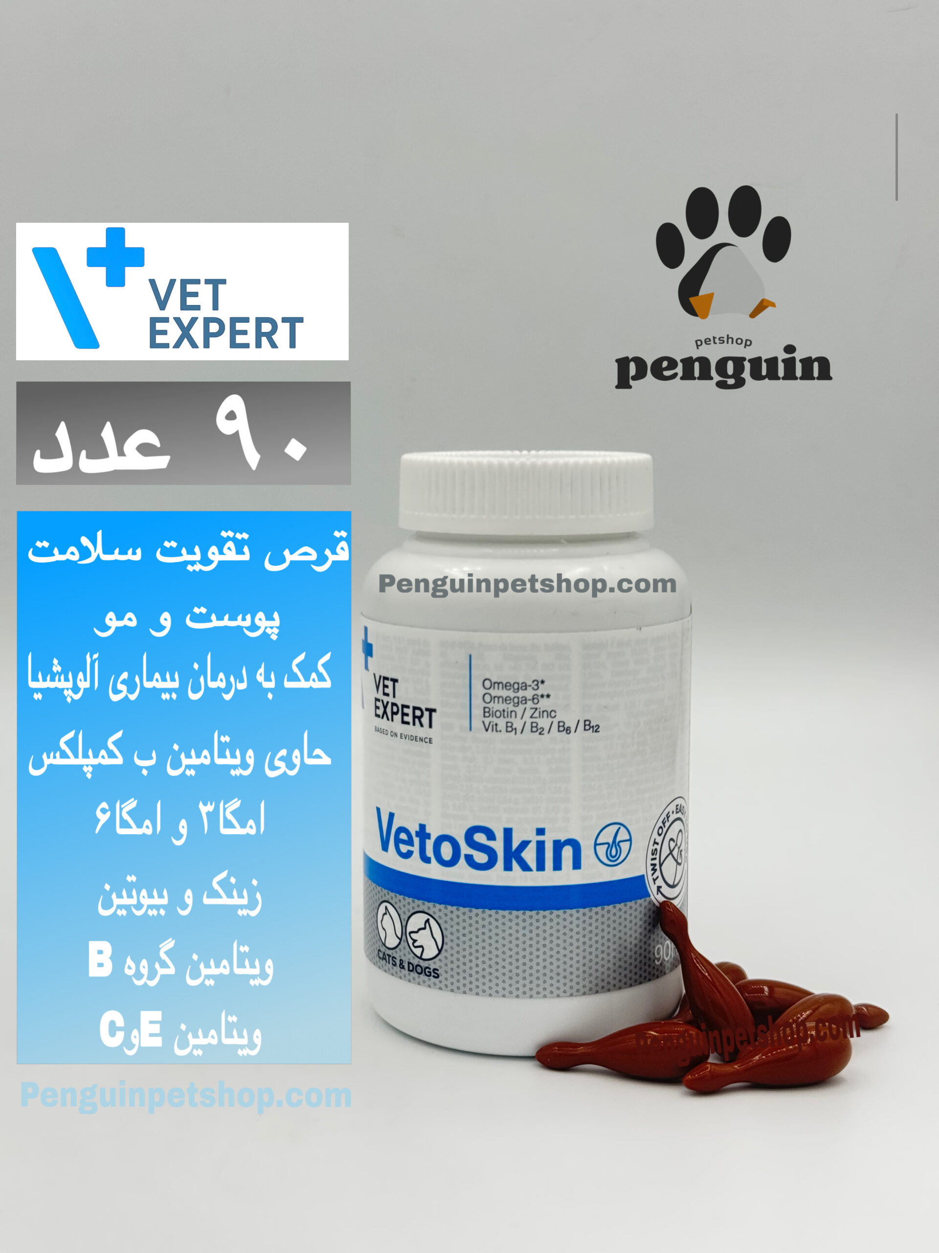 قرص وتواسکین پوست و مو وت اکسپرت سگ و گربه VETOSKIN بسته 90 عددی
