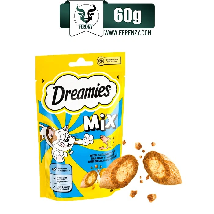 تشویقی گربه دریمیز طعم میکس ماهی سالمون و پنیر وزن 60 گرم Dreamies Salmon & Cheese