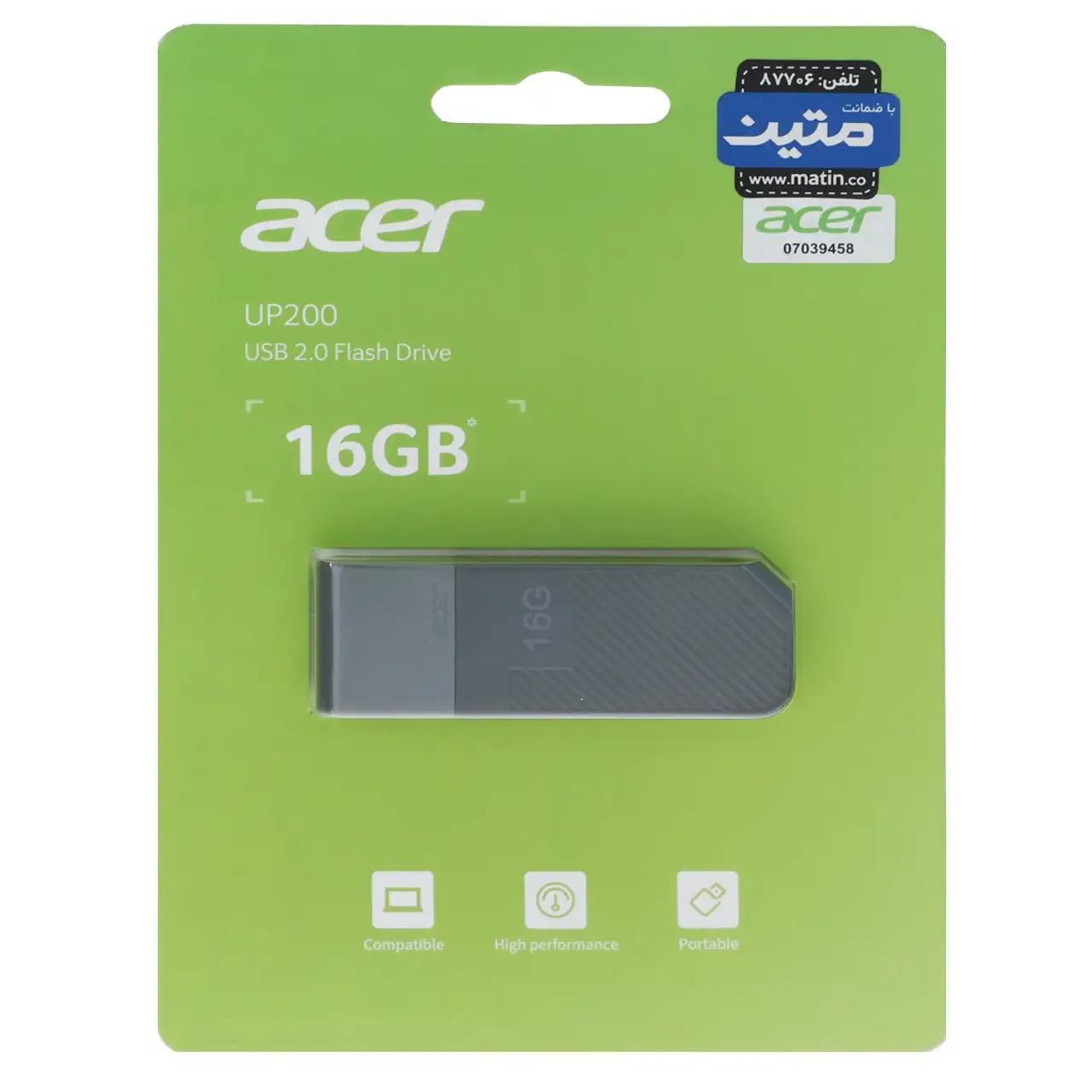 فلش مموری Acer مدل UP200 USB2.0 ظرفیت 16GB - خاکستری