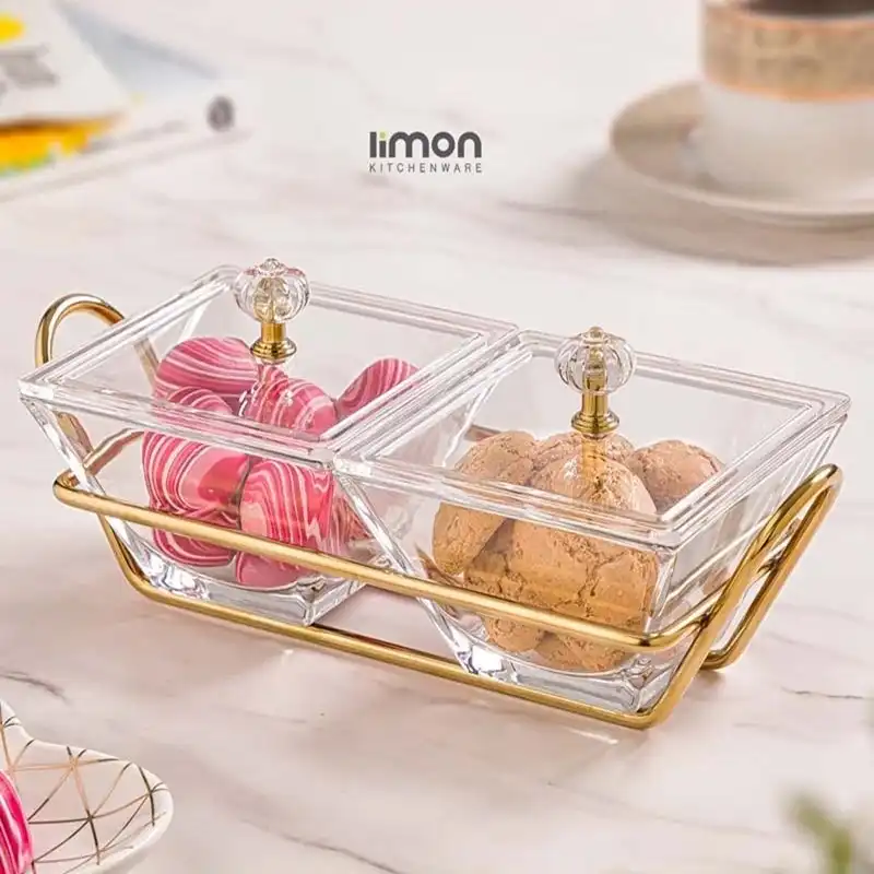 اردو خوری شیشه ای مربع 2 خانه لیمون کد 210600 - طلایی