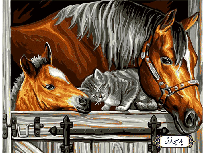 نخ و نقشه تابلو فرش طرح اسب و گربه ملوس - کد NH3525