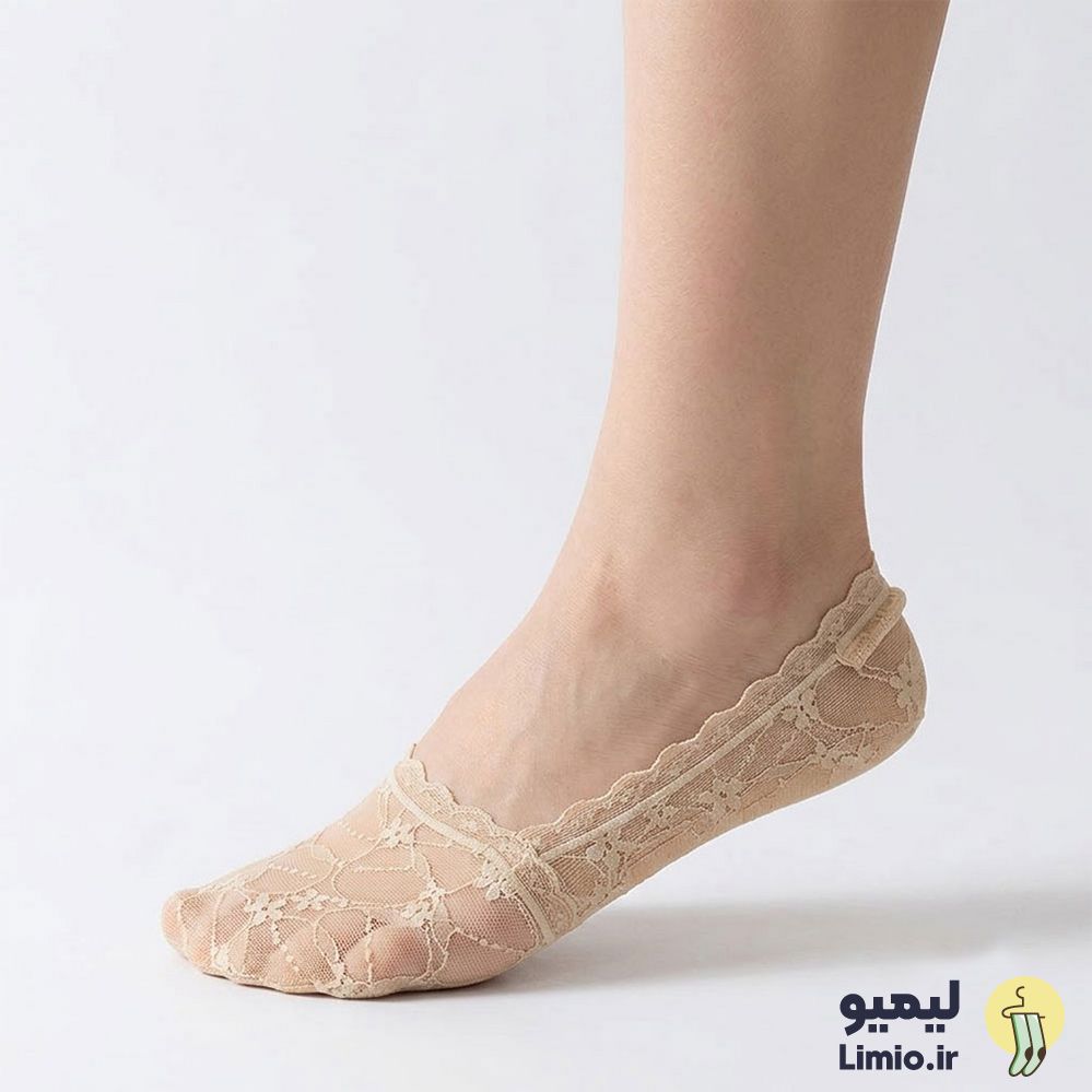 جوراب کالجی فانتزی زنانه رویه توری کرم روشن نخ پنبه خارجی کد 199