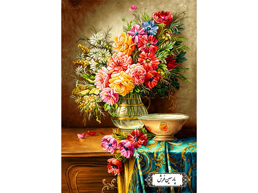 نخ و نقشه تابلو فرش گلدان زیبای روی میز - کد NG1534