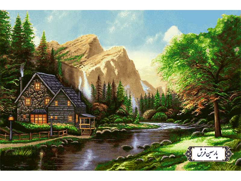 نخ و نقشه تابلو فرش طرح منظره کلبه و رود - کد NV961