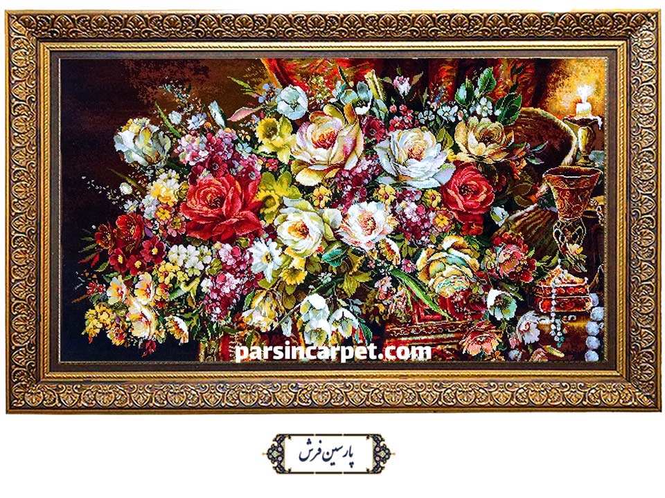 تابلو فرش دستباف گل های ریخته روی میز - کد TG1404