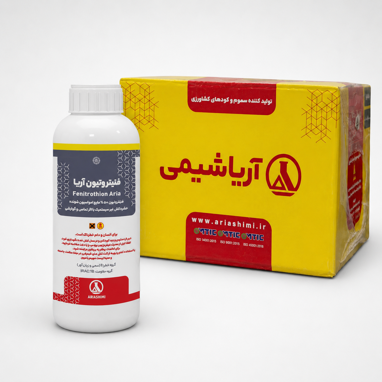 حشره‌کش فنیتروتیون آریاشیمی ۵۰٪ EC یک لیتری (فروش عمده - کارتن ۱۲ عددی)