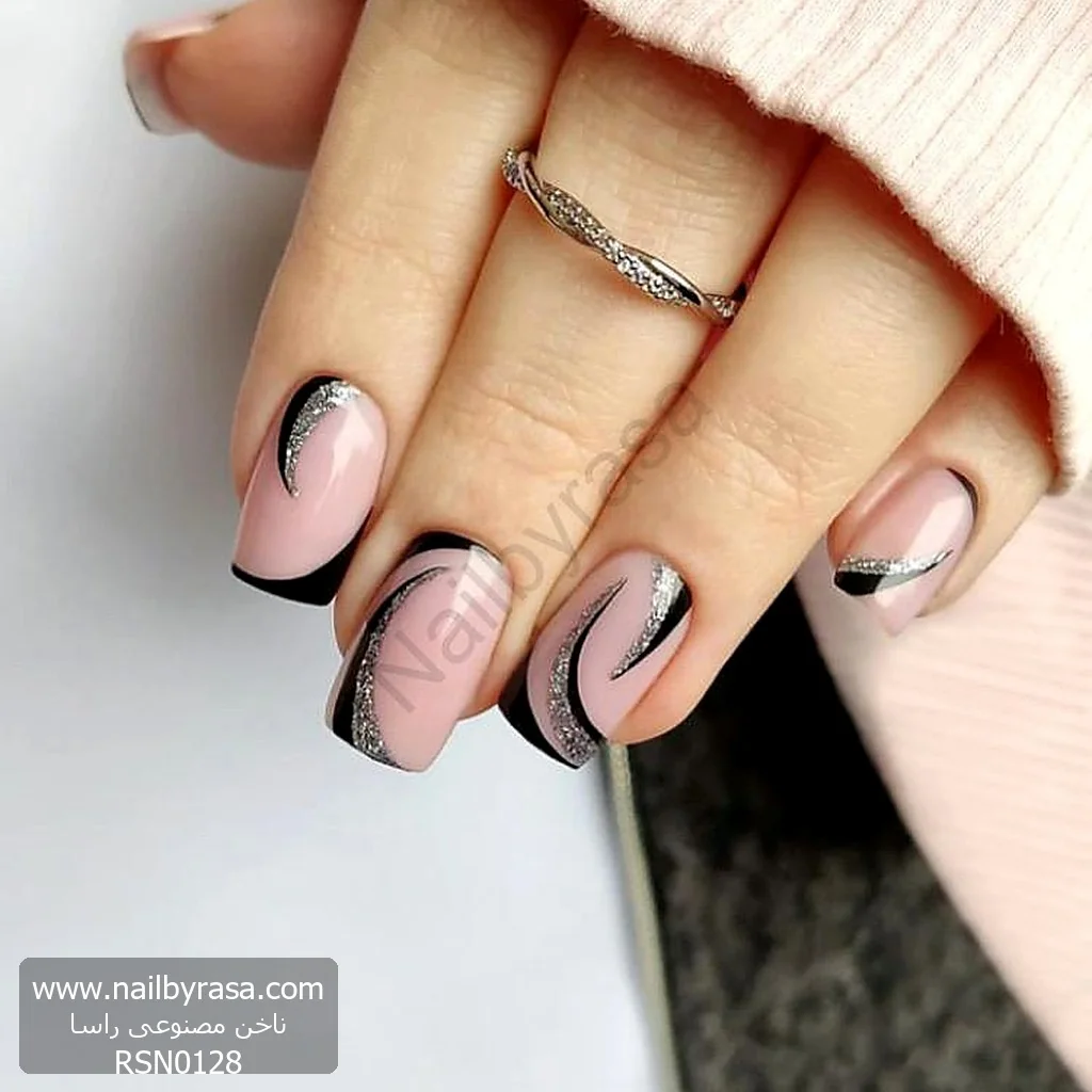 ناخن مصنوعی ژورنالی فرنچ مشکی و خطوط اکلیلی مربعی راسا - RSN0128