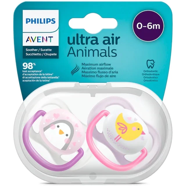 پستانک اونت اولترا ایر 2عددی 0 تا 6 ماه avent ultra air طرح جوجه و پنگوین SCF080/06