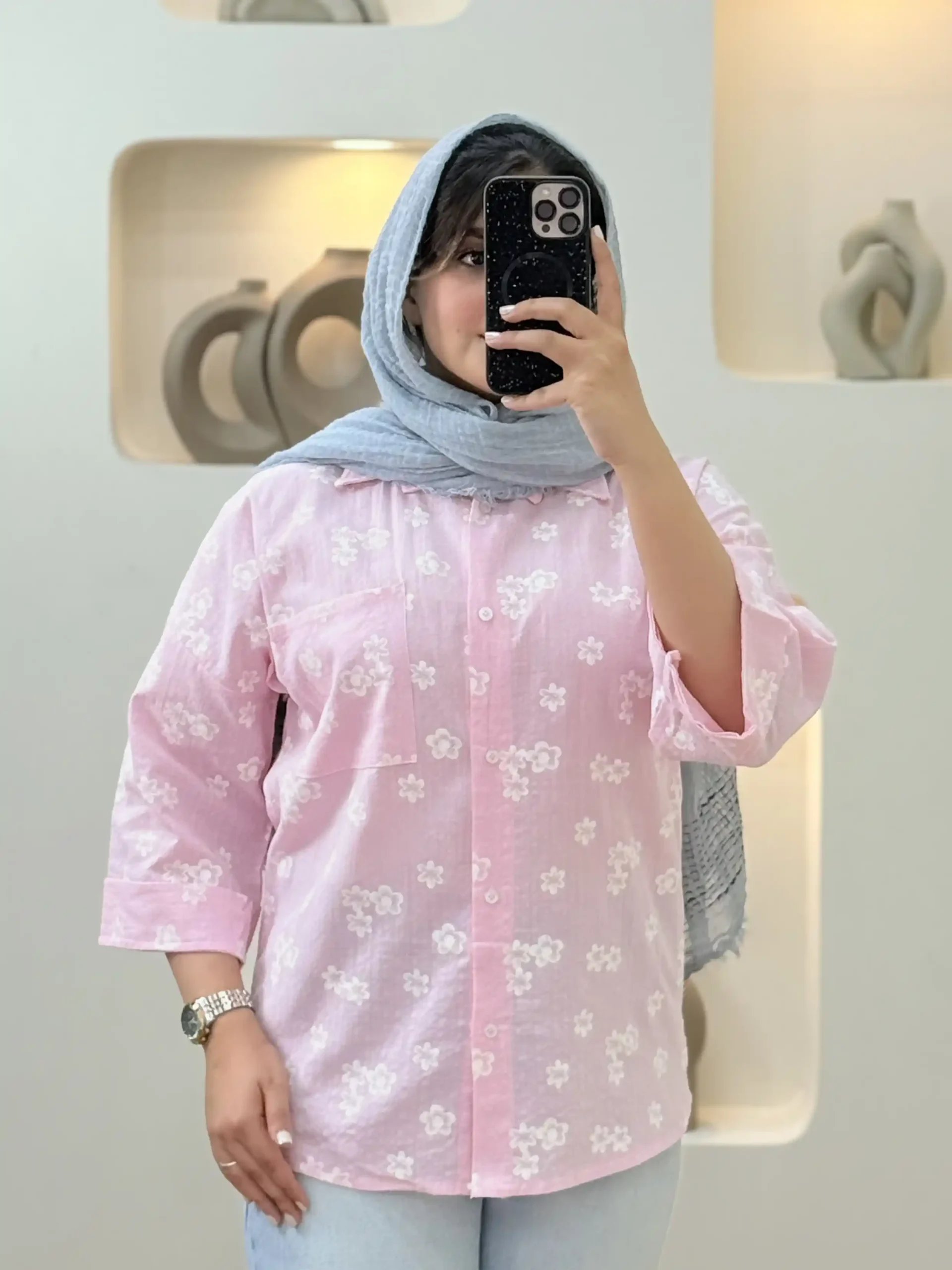 شومیز گل گچی تک جیب - صورتی