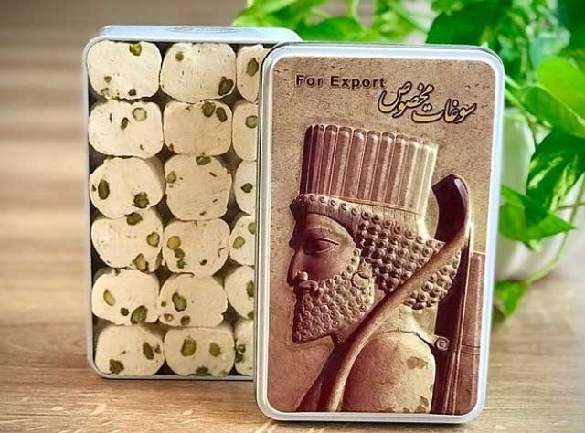 گز دربار 10‎٪ مغز پسته جعبه فلزی (450 گرمی)