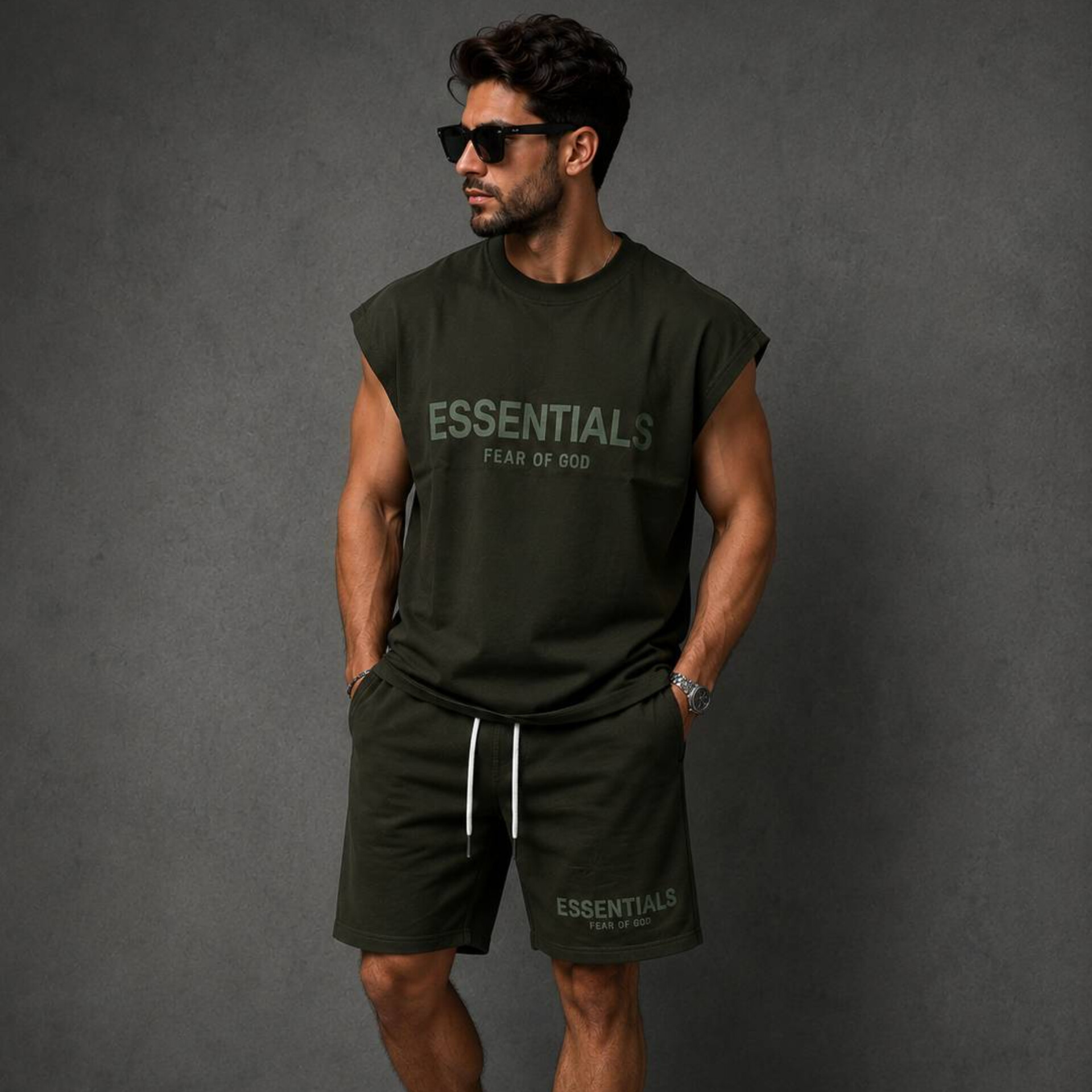 ست وست شلوارک مردانهESSENTIAL|بوتیک ماموت - سبز تیره, XXL