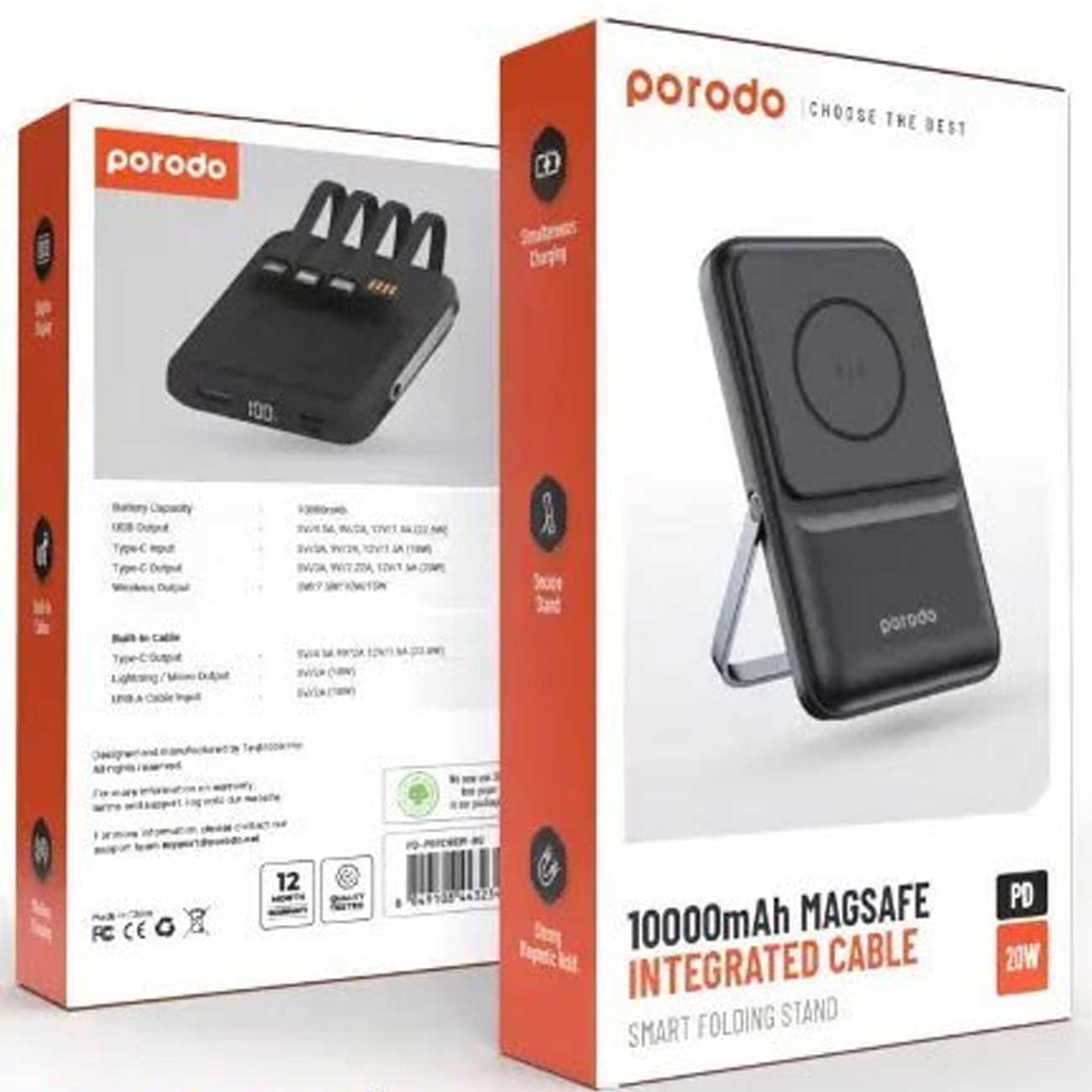 پاوربانک مگ سیف 10000 پرودو مدل porodo PD-PBFCH039-BK 10000 Magsafe Power bank stand attach