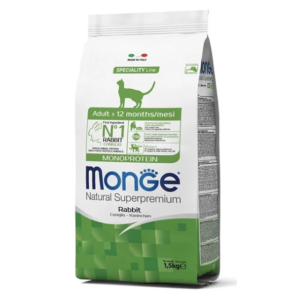 غذای خشک گربه بالغ مونژه سوپر پرمیوم طعم خرگوش Monge Natural Super Premium Adult Rabbit