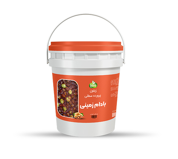 Processed Olives (Marinated Olives) With Peanut in Plastic Bucket (Zeytoon Parvardeh)