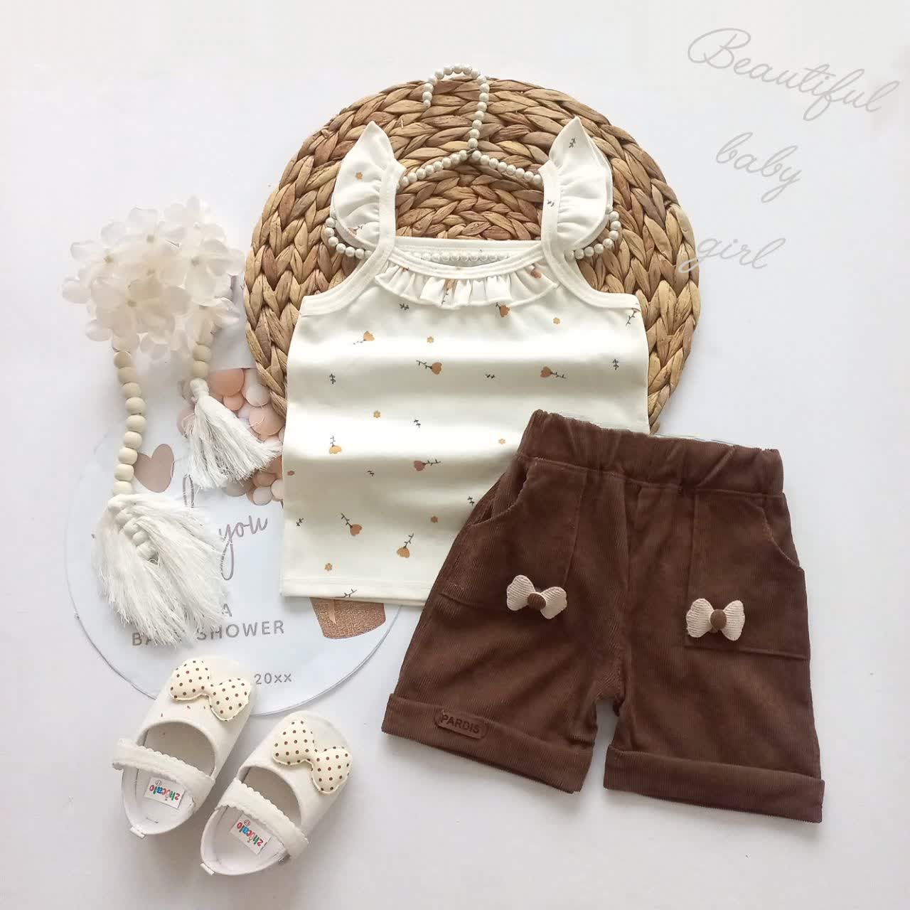 تاپ شلوارک(شورت)قهوه ای نوزادی تا کودک بچگانه دخترانه مجلسی مدل ملیسا کد 938