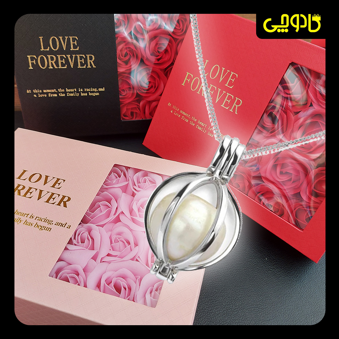 گردنبند مروارید عشق(مروارید و صدف)پک کادویی همراه با گل