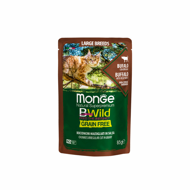پوچ گربه مونژ مدل بیوایلد با طعم گوشت بوفالو Monge Bwild Chunkies Cat Pouch Buffalo وزن 85 گرم