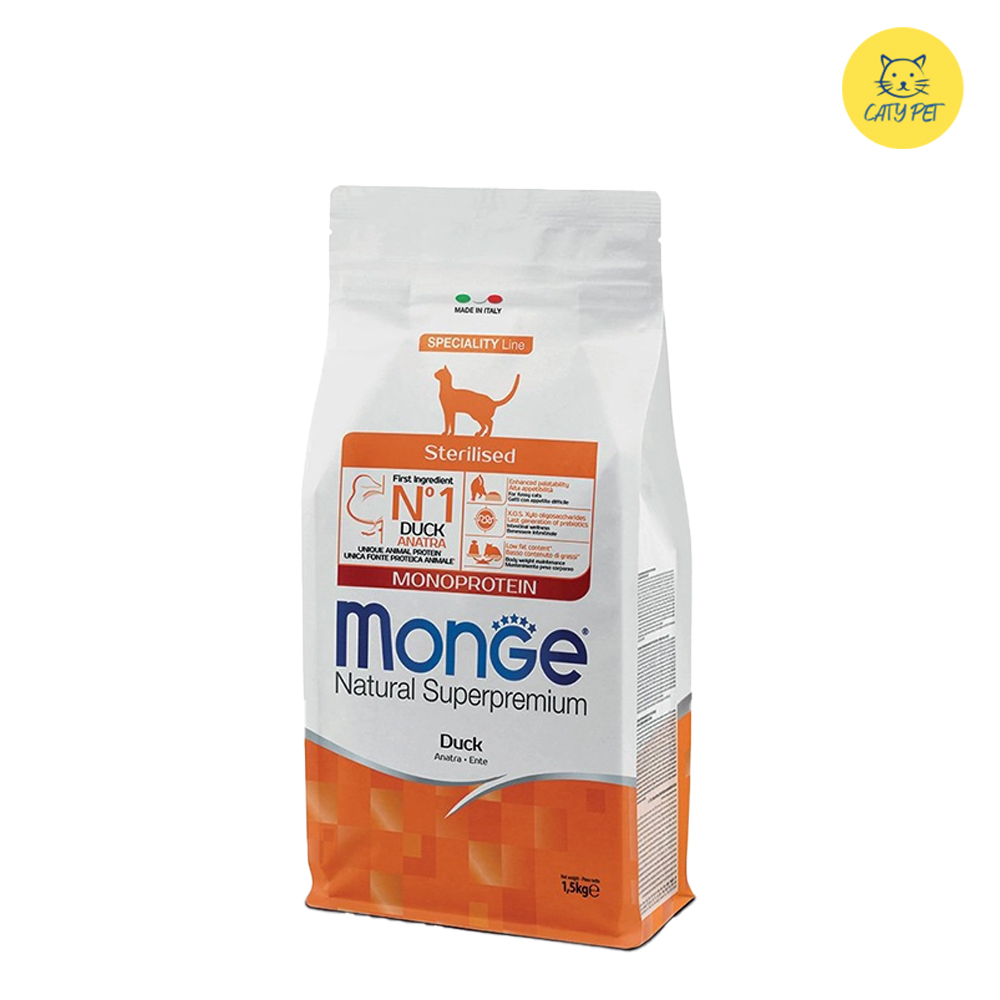 غذای خشک گربه بالغ مونژه Monge Natural Superpremium Monoprotein Sterilised طعم اردک وزن 1 کیلوگرم فله ای