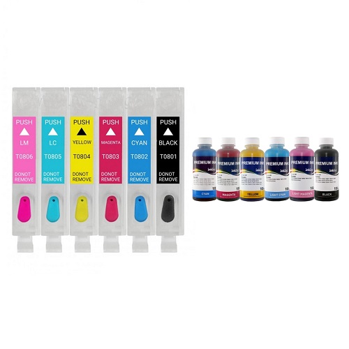 کارتریج قابل شارژجوهرافشان T0801-T0806 اپسون + جوهر 100سی سی اینکتک داخلی