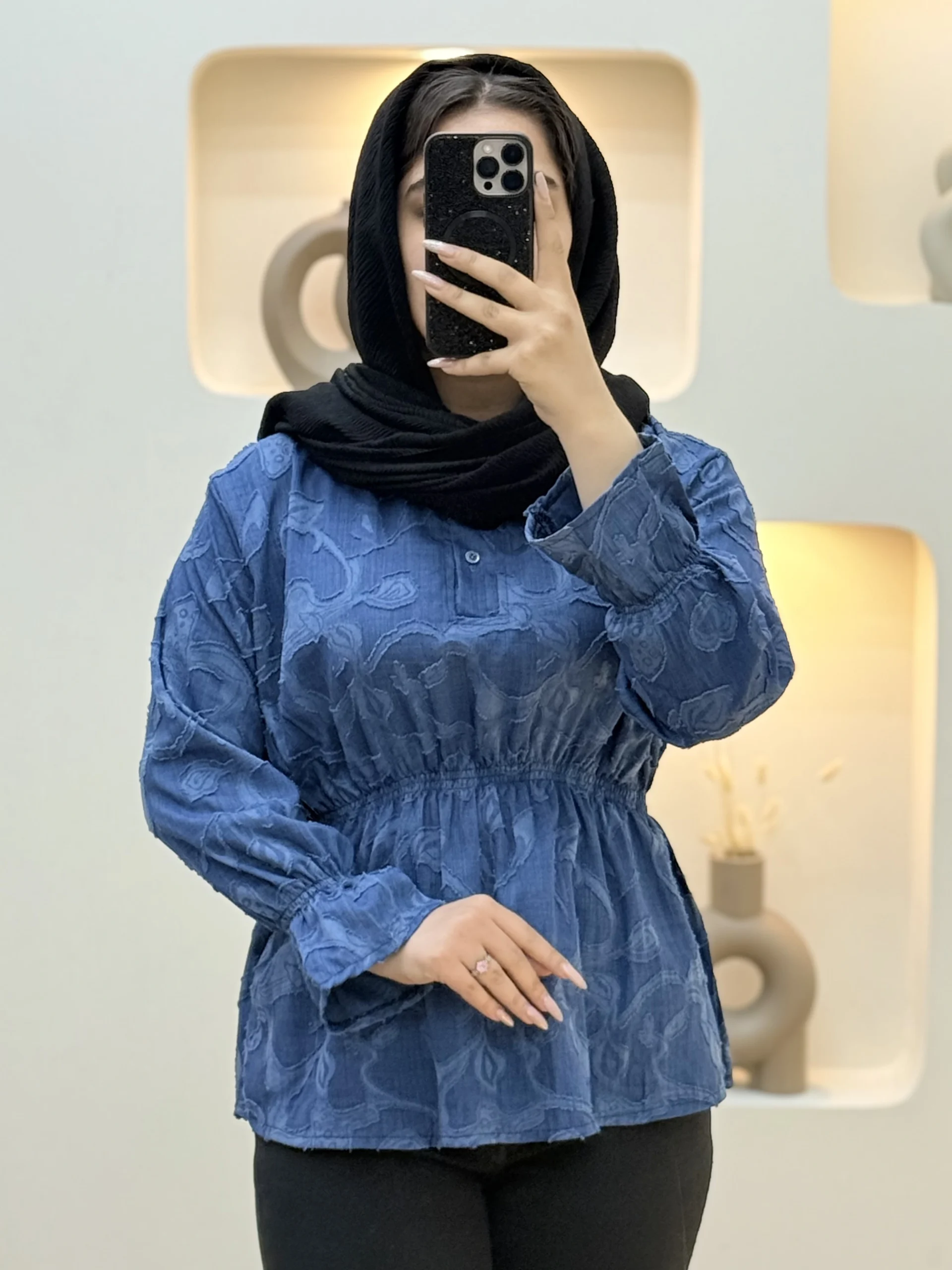 شومیز کمرکش گلدوزی-210292 - آبی