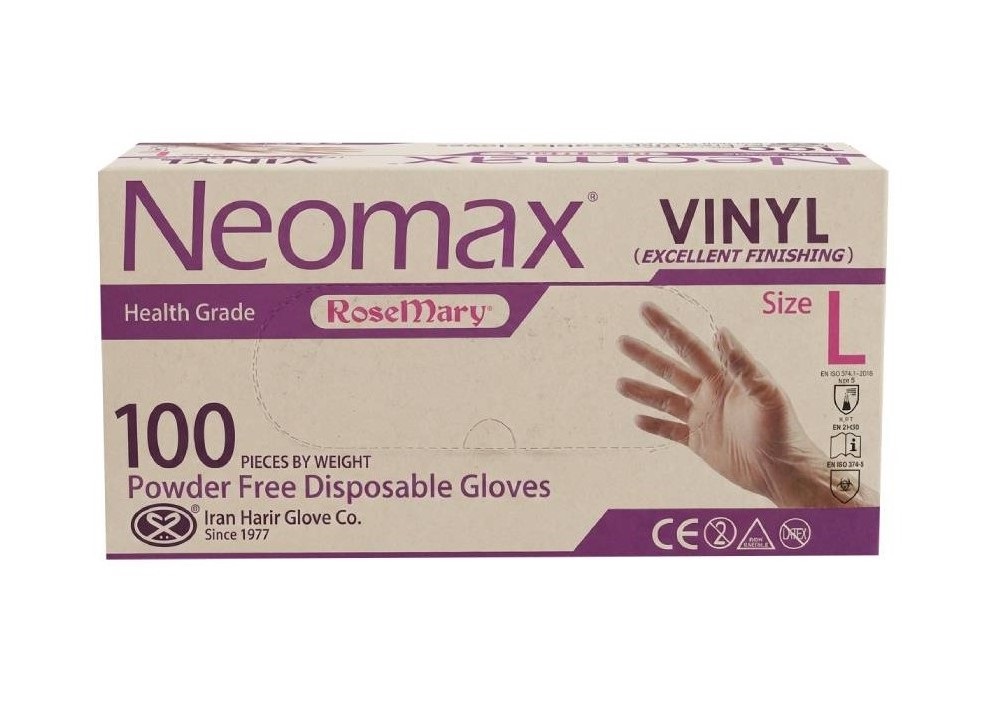 دستکش وینیل نئومکس NEOMAX حریر ایران همه سایز S،M،L،XS تعداد 100