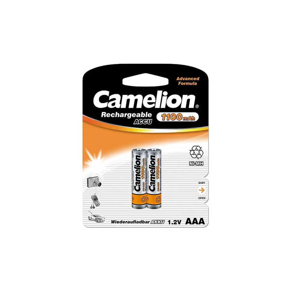 کملیون آلکالاین نیم قلمی 1100 میلی آمپر قلمی قابل شارژ 2 عددی  Camelion Alkaline AAA Rechargeable 1100 mAh card of 2