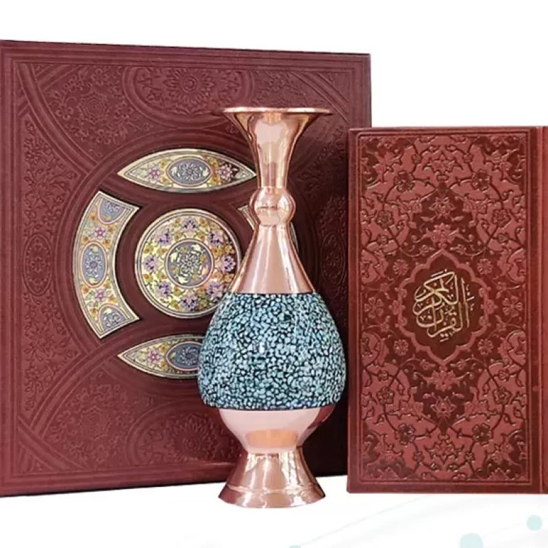 قرآن پالتویی چرم با گلدان فیروزه