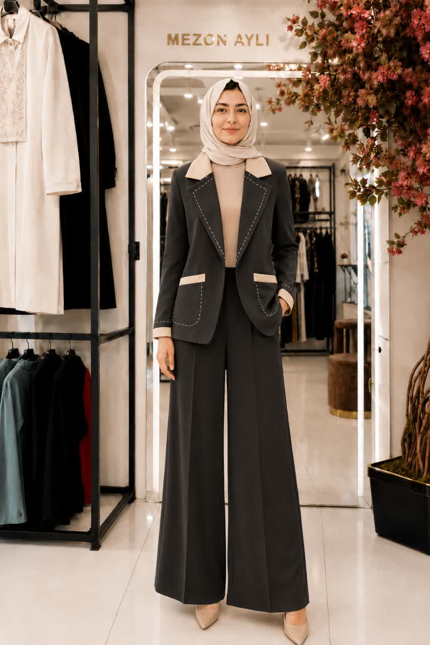 کت شلوار زنانه کرپ مورگان وارداتی مدل لارا کد 0269 - مشکی کرم