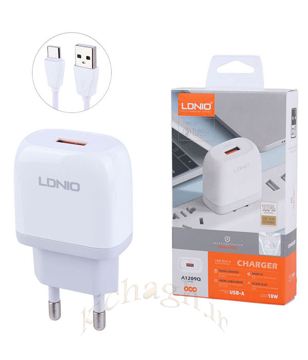 شارژر دیواری 18 واتLDNIO A1209Q QC3.0 PD 3A + کابل تایپ سی